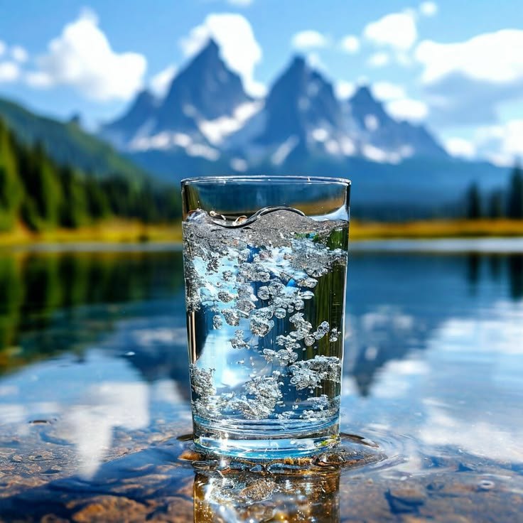 A glass of HYDRA9 water by a mountain lake